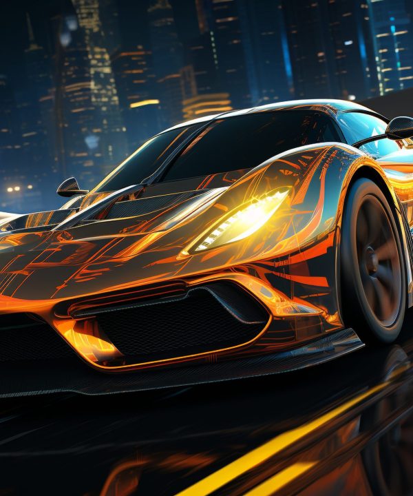 A shiny sports car speeds through the illuminated city at night generated by artificial intelligence