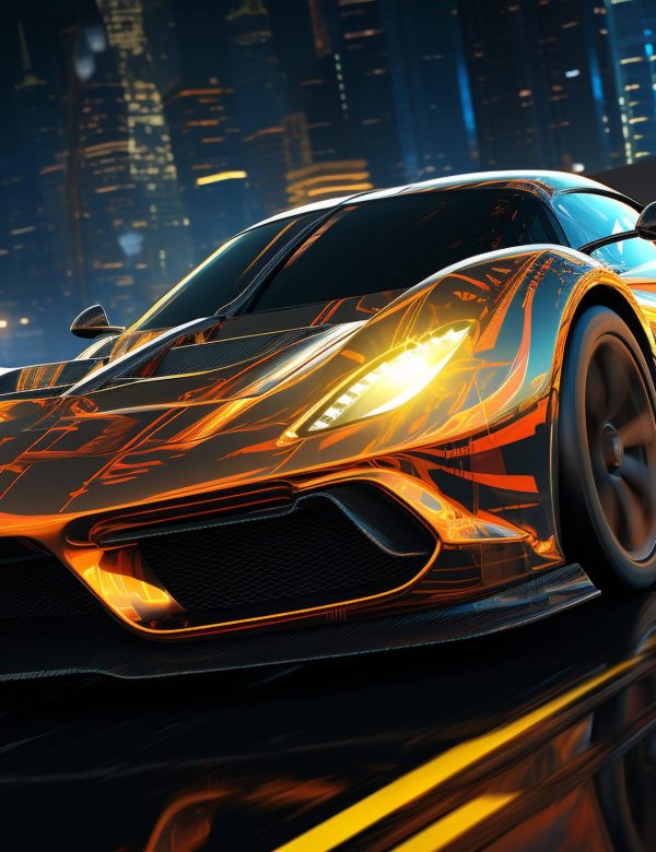 A shiny sports car speeds through the illuminated city at night generated by artificial intelligence