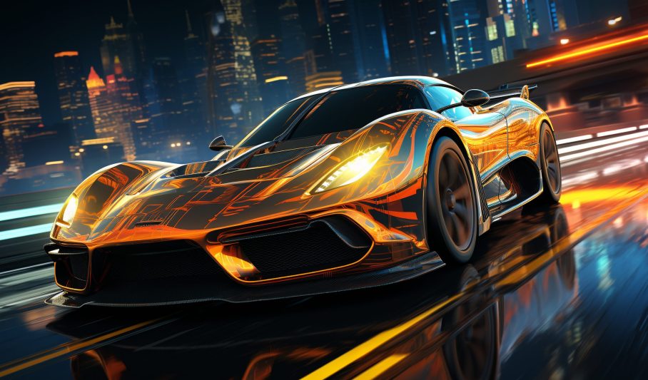 A shiny sports car speeds through the illuminated city at night generated by artificial intelligence