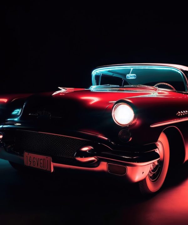 Classic retro car at night with glowing headlamps. American vintage vehicle with colorful illumination on dark background. Created with Generative AI