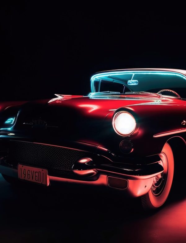 Classic retro car at night with glowing headlamps. American vintage vehicle with colorful illumination on dark background. Created with Generative AI