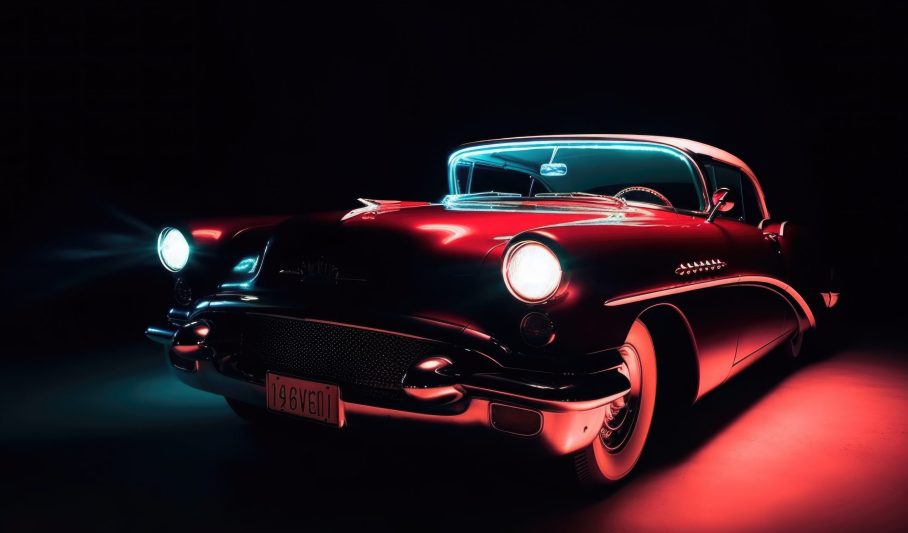 Classic retro car at night with glowing headlamps. American vintage vehicle with colorful illumination on dark background. Created with Generative AI